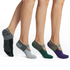 Four pairs of toe-separated socks in black, gray, green, and purple on a white background.