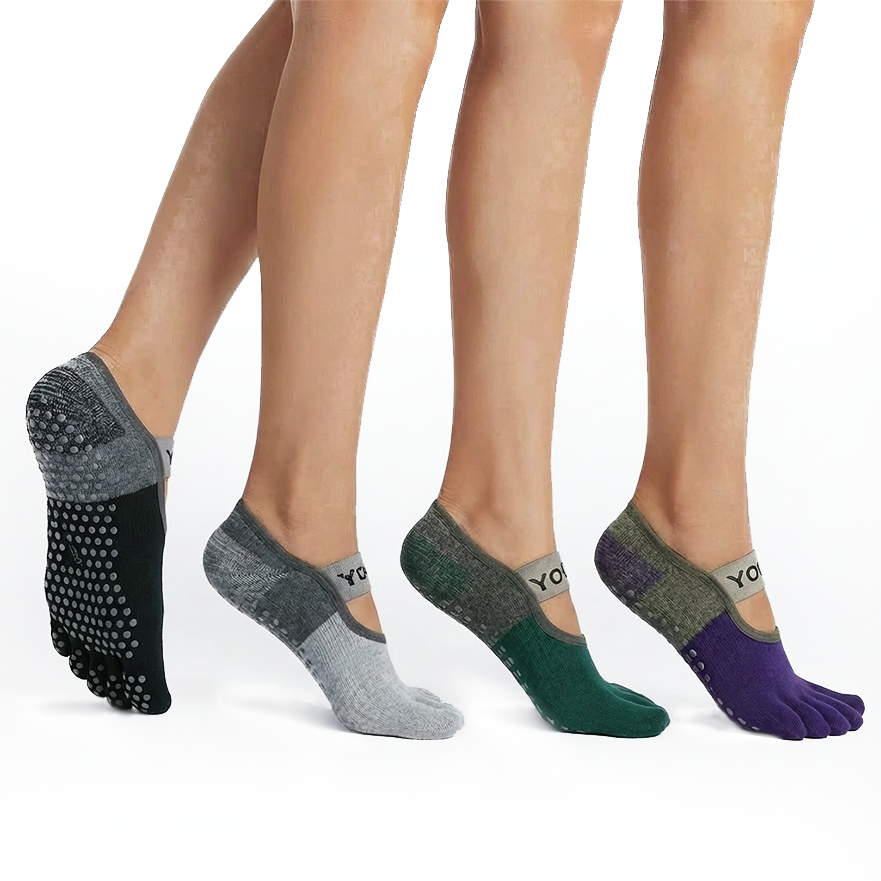 Four pairs of toe-separated socks in black, gray, green, and purple on a white background.